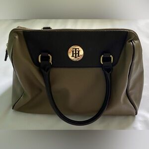 Tommy Hilfiger Black and Brown Satchel with Gold Accents